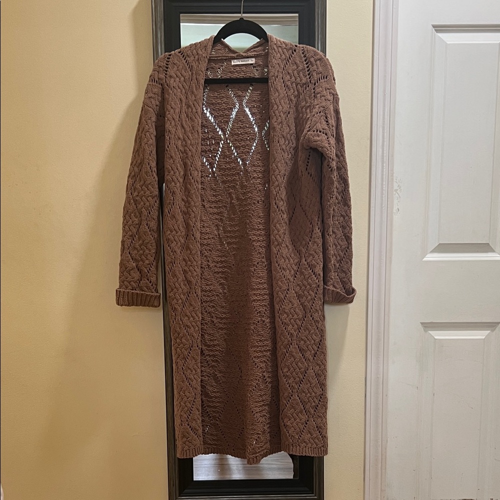 Women's Tan Open Knit Long Cardigan
